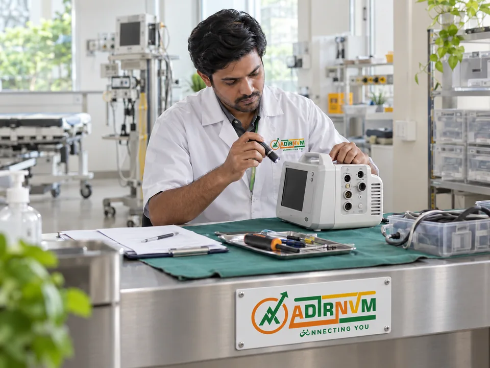 Illustrative ADIRNVM-branded scene: biomedical specialist inspecting clinical equipment