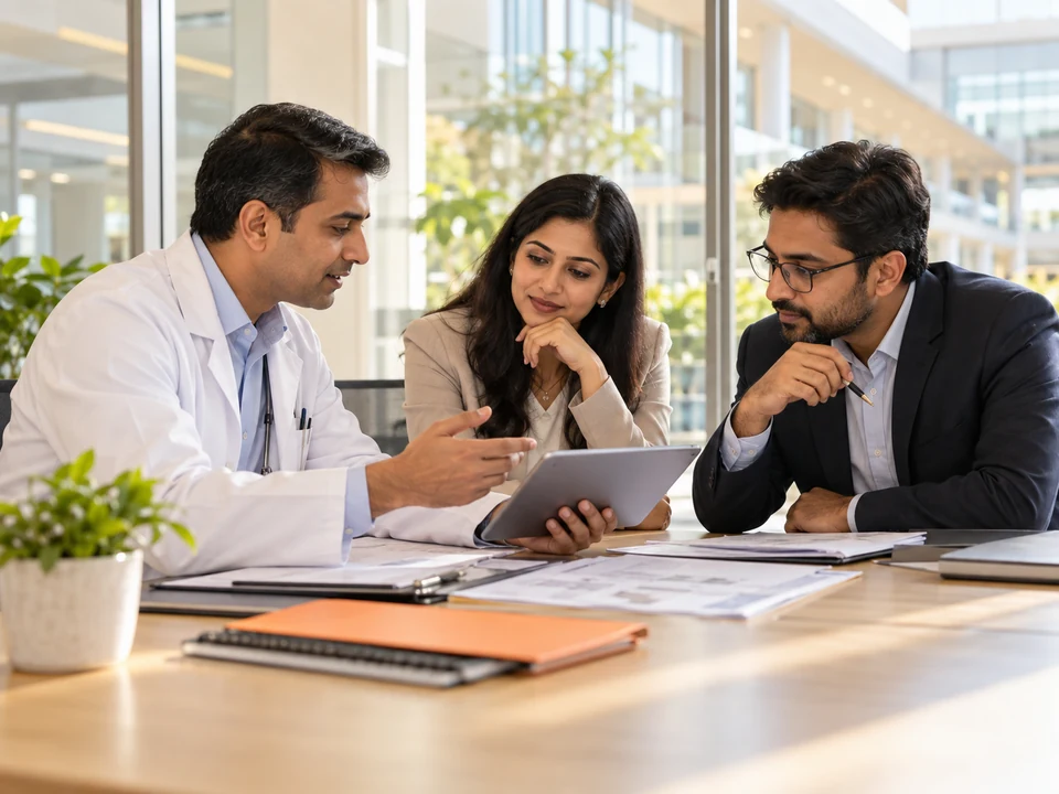 AI-generated healthcare and procurement professionals planning institutional requirements; illustrative scene
