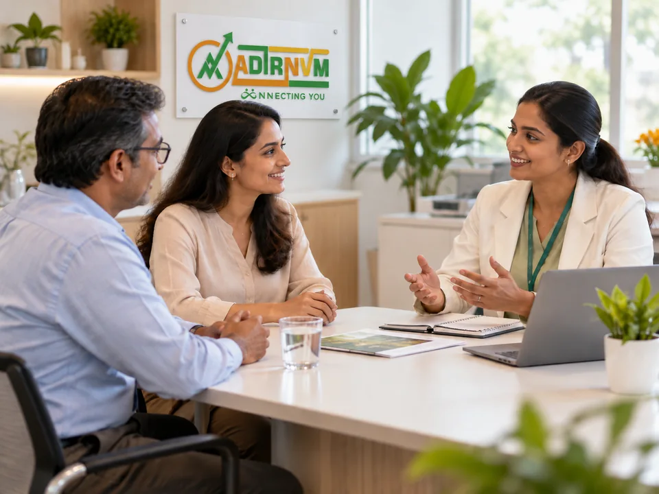 Illustrative ADIRNVM-branded scene: healthcare business enquiry discussion