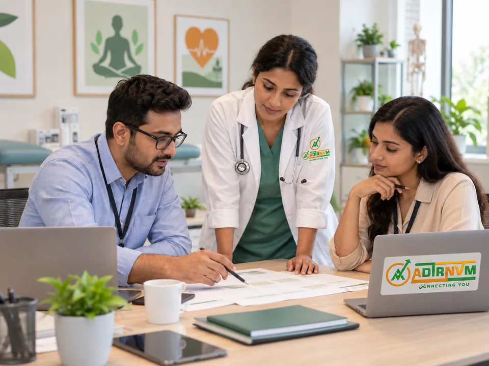 Illustrative ADIRNVM-branded scene: corporate team discussing healthcare requirements