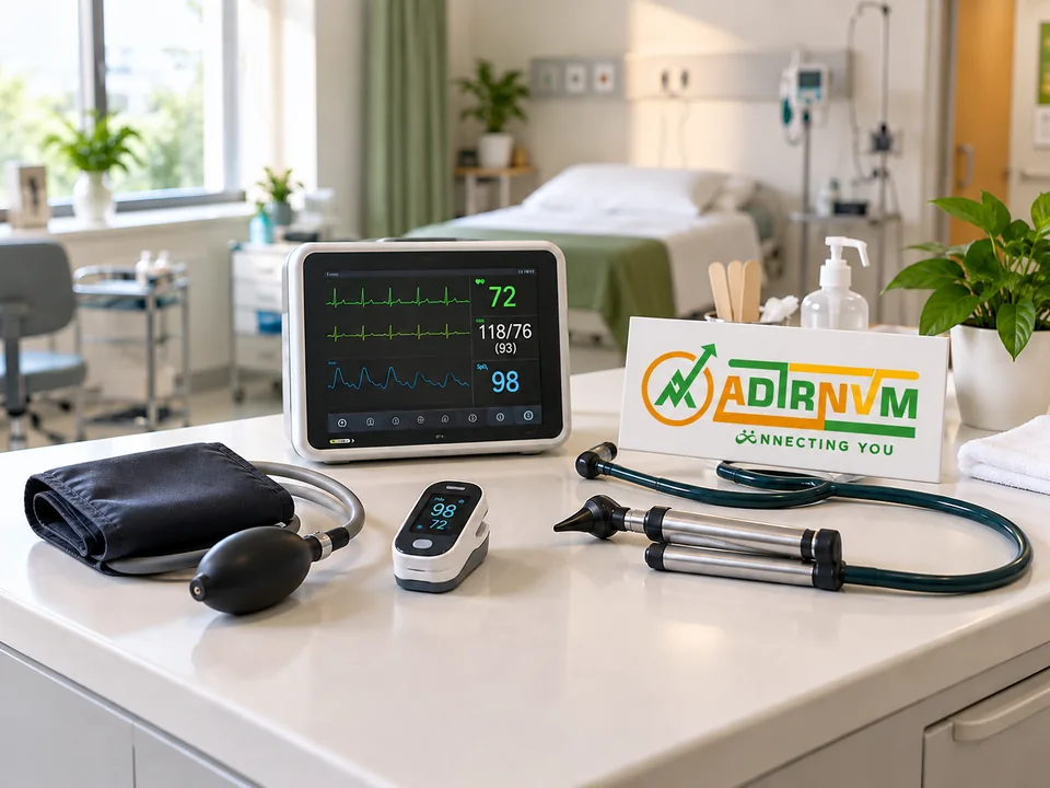 Illustrative ADIRNVM-branded scene: medical devices arranged in a clinical workspace