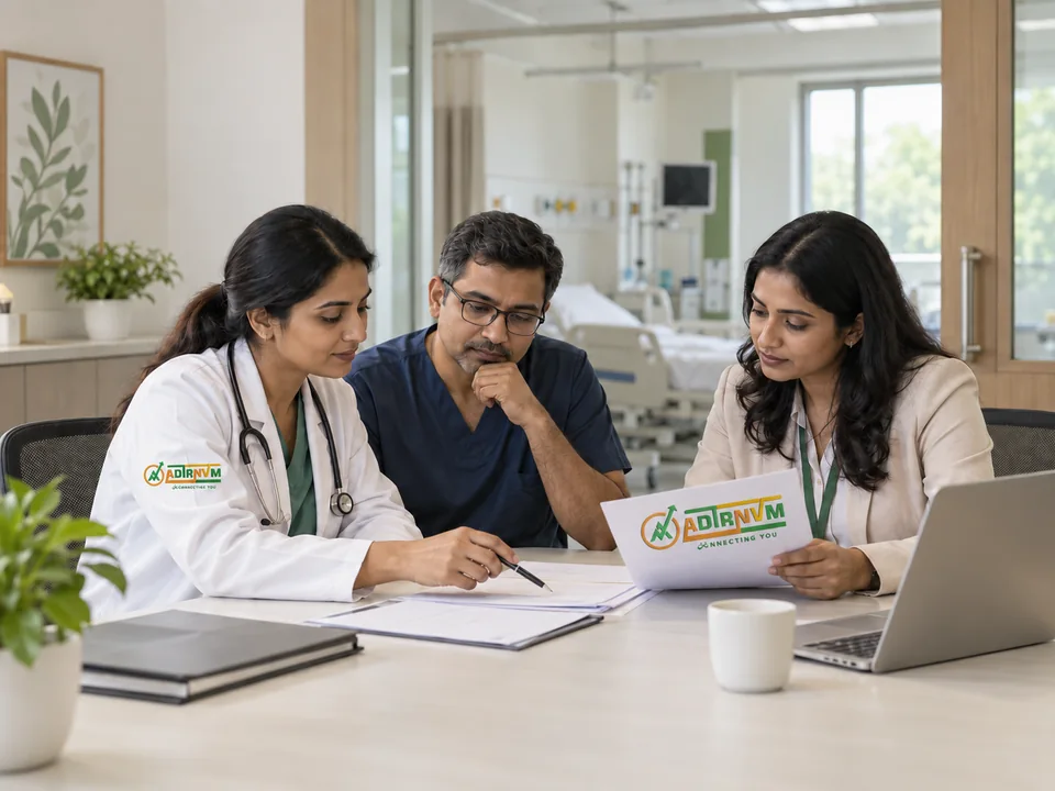 Illustrative ADIRNVM-branded scene: healthcare professionals reviewing institutional requirements