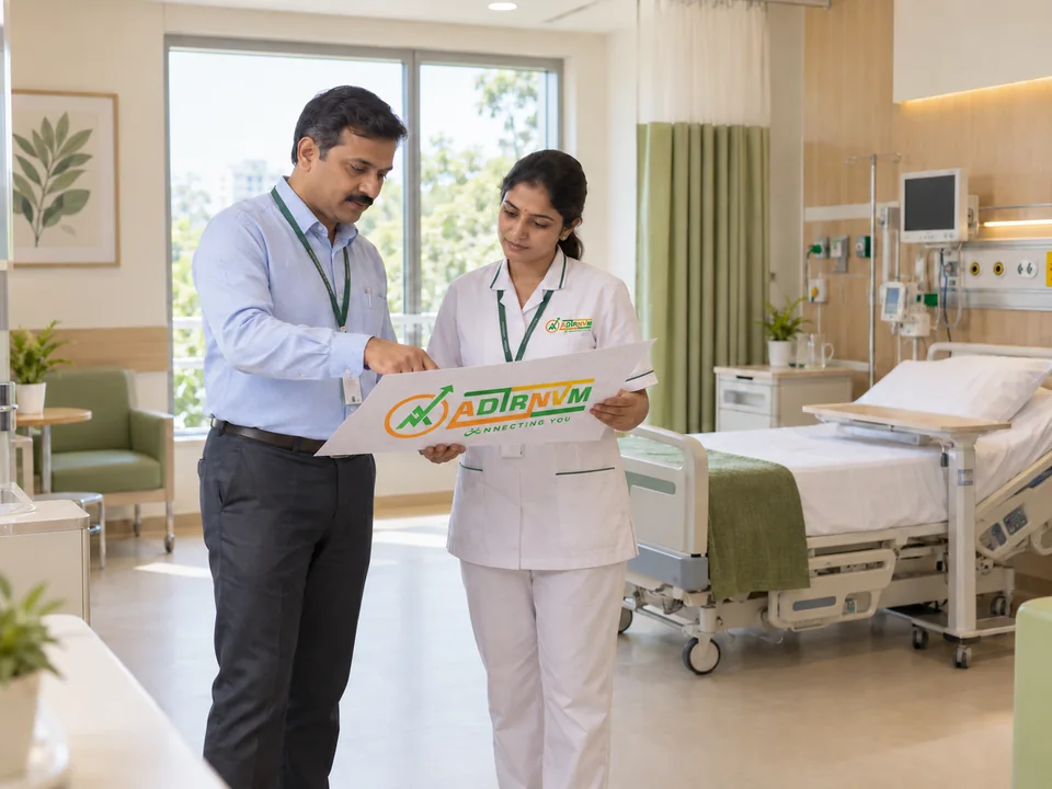 Illustrative ADIRNVM-branded scene: institutional team reviewing a care environment