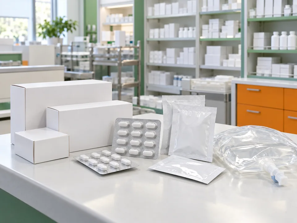 Illustrative pharmacy bench with unbranded pharmaceutical packs