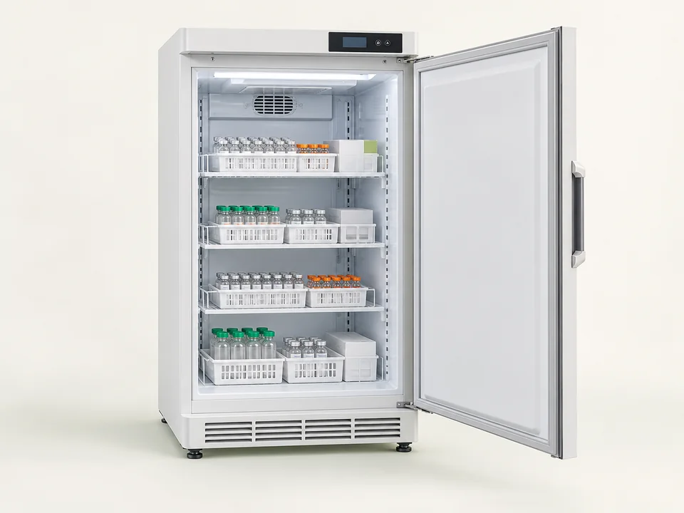 AI-generated generic vaccine refrigerator; illustrative appearance