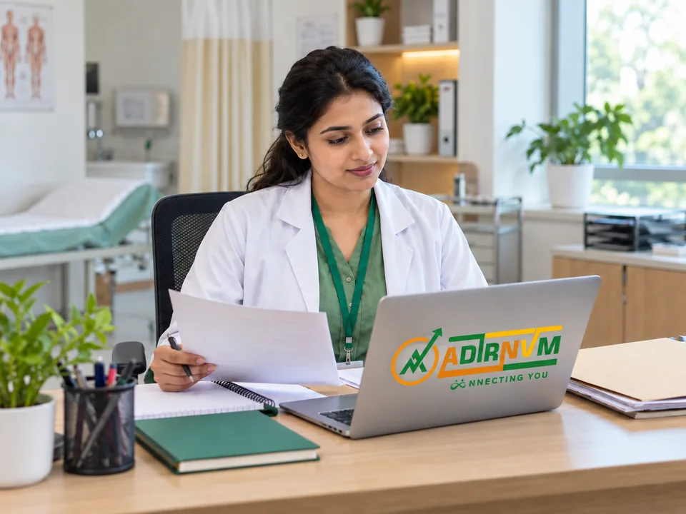 Illustrative ADIRNVM-branded scene: specialist coordinating healthcare documentation